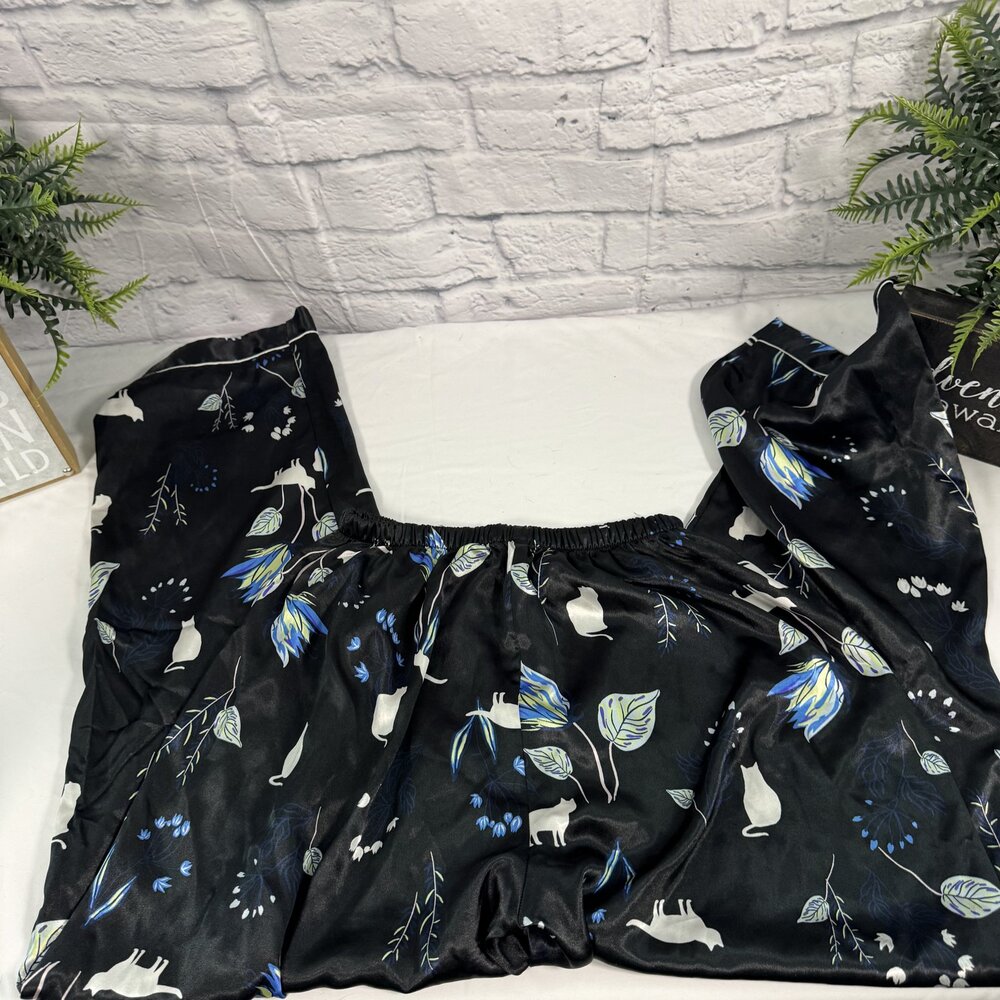 Black Blue Leaf Floral Square Neck Top Wide Leg Pants Pajama Lounge Set M